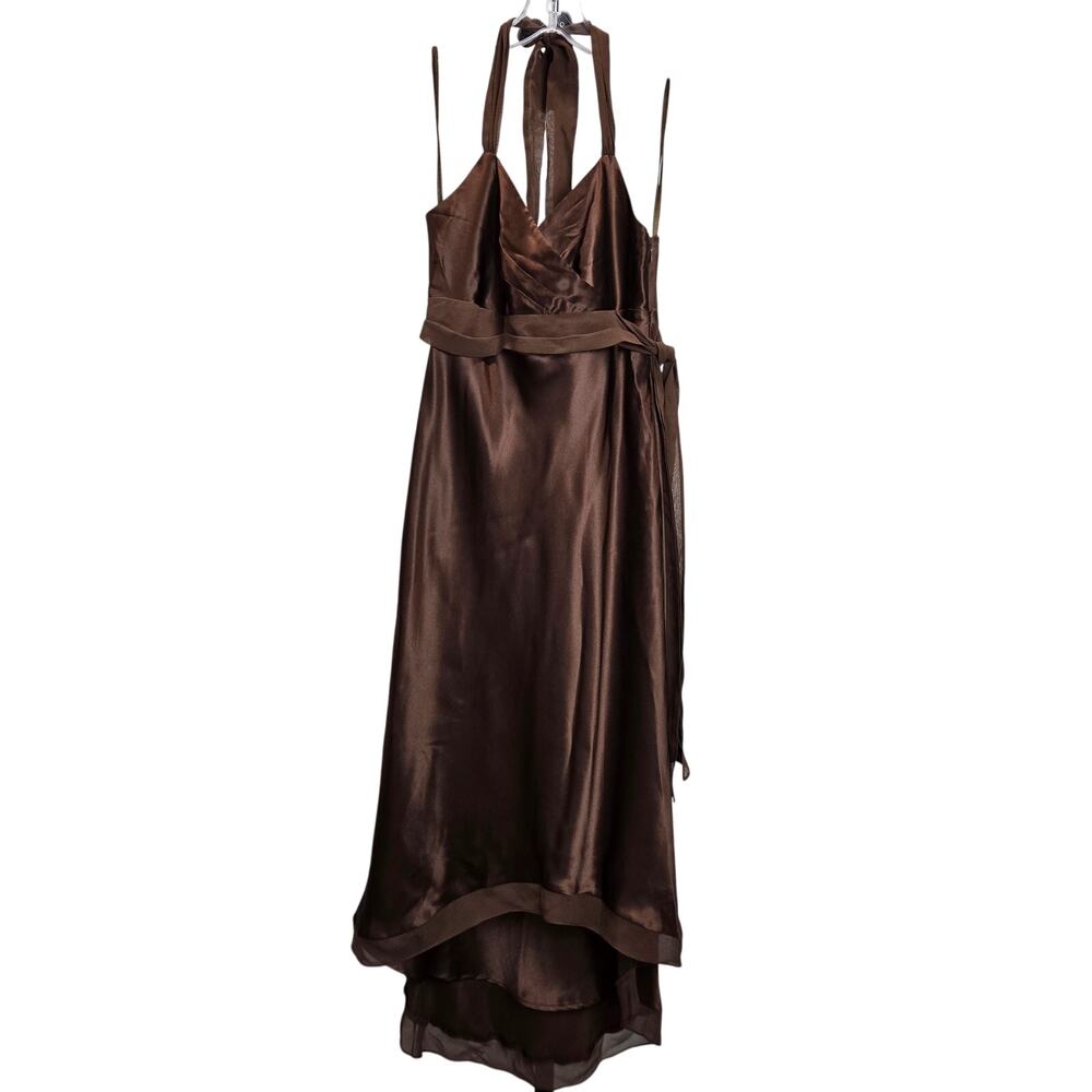 Vintage Eliza J Silk Y2K Halter Dress Midi Babydoll Brown Fairy 4 - Picture 1 of 7
